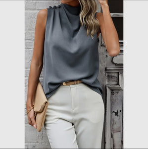 Ruched Button Neck Top - Grey