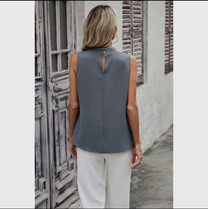 Ruched Button Neck Top - Grey