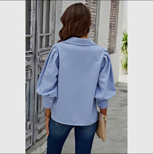 Button Down Puff Sleeve - Blue